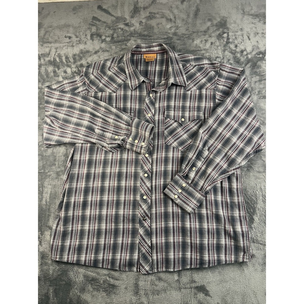 Ariat Mens XXL 2XL Pearl Snap Plaid Western Long Sleeve Shirt Gray & Maroon